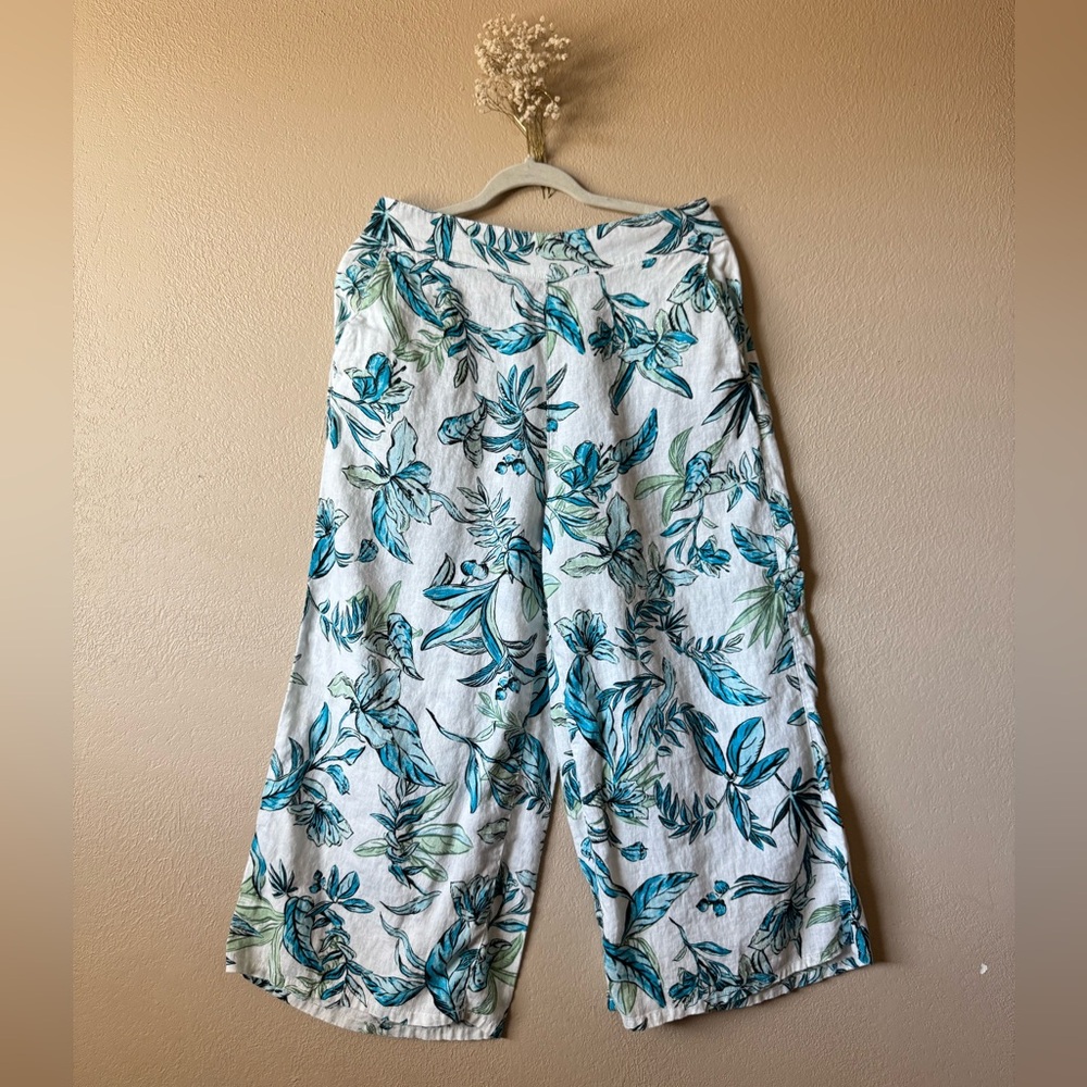 Tahari | Wide Leg Linen Pants with Leaf Print | Size L